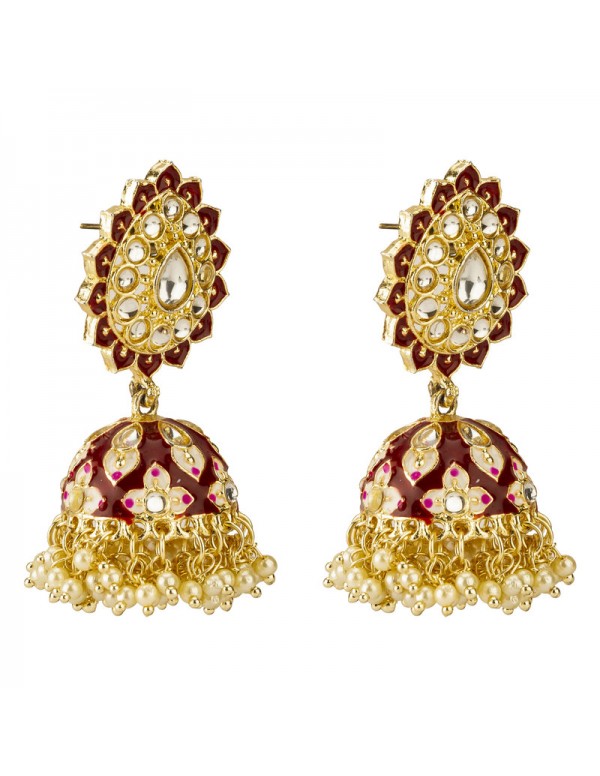 Jewels Galaxy Gold Plated Pearl studded Red Jhumki Earrings 45174