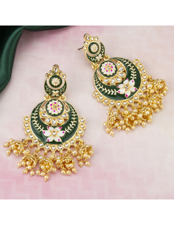 Jewels Galaxy Gold Plated Pearl studded Green Chandbalis 45182