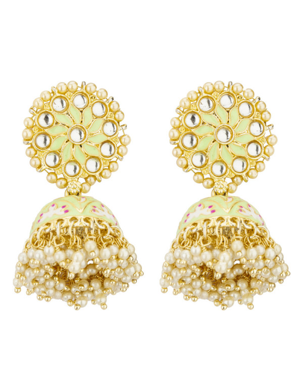 Jewels Galaxy Gold Plated Pearl studded Green Jhum...