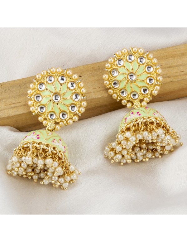 Jewels Galaxy Gold Plated Pearl studded Green Jhum...