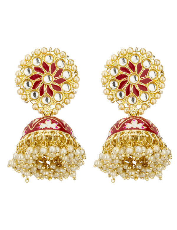 Jewels Galaxy Gold Plated Pearl studded Red Chandb...