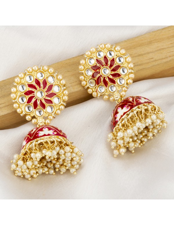 Jewels Galaxy Gold Plated Pearl studded Red Chandb...