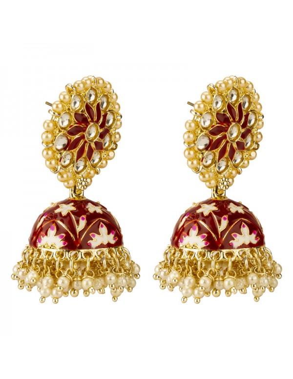 Jewels Galaxy Gold Plated Pearl studded Red Chandbalis 45193