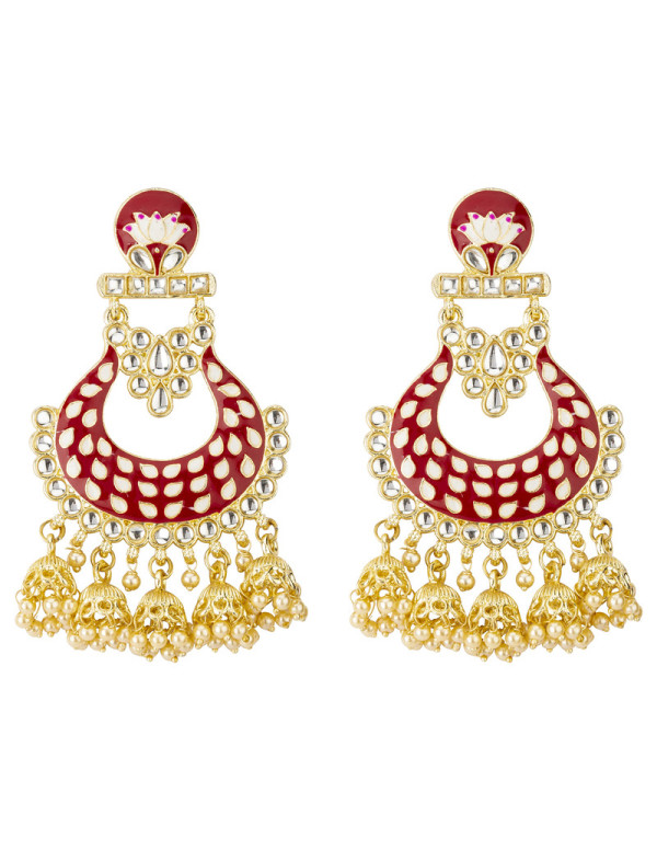 Jewels Galaxy Gold Plated Pearl studded Red Chandb...