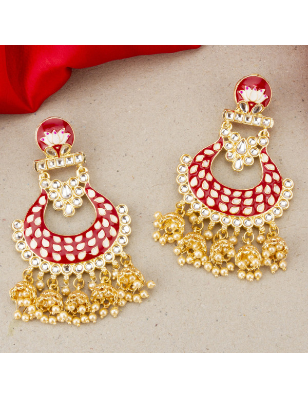 Jewels Galaxy Gold Plated Pearl studded Red Chandbalis 45194