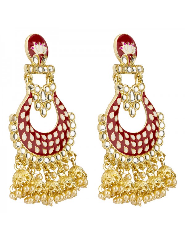Jewels Galaxy Gold Plated Pearl studded Red Chandbalis 45194