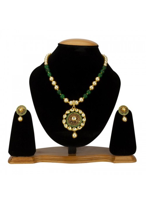 Jewels Galaxy Green GP Kundan studded Pearl Necklace Set 44005