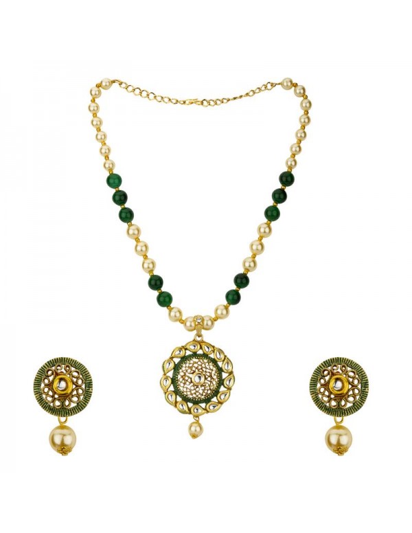 Jewels Galaxy Green GP Kundan studded Pearl Necklace Set 44005