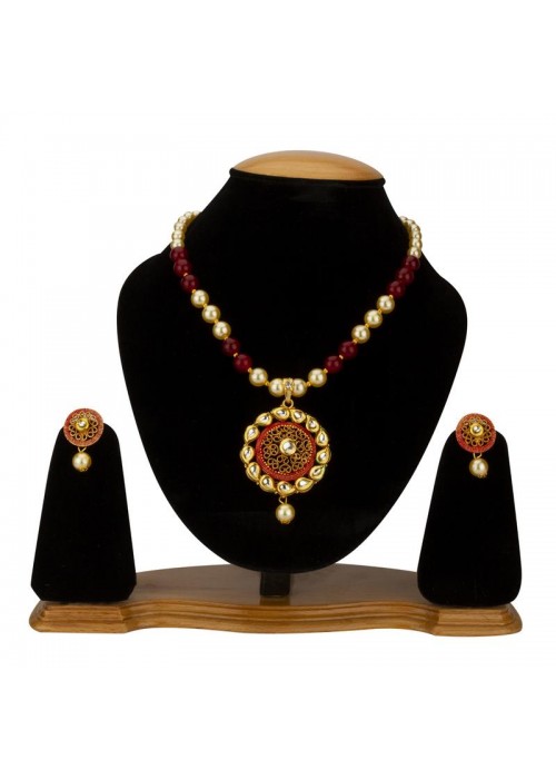 Jewels Galaxy Magenta GP Kundan studded Pearl Necklace Set 44006