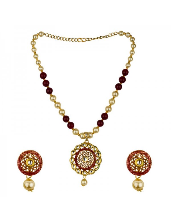 Jewels Galaxy Magenta GP Kundan studded Pearl Necklace Set 44006