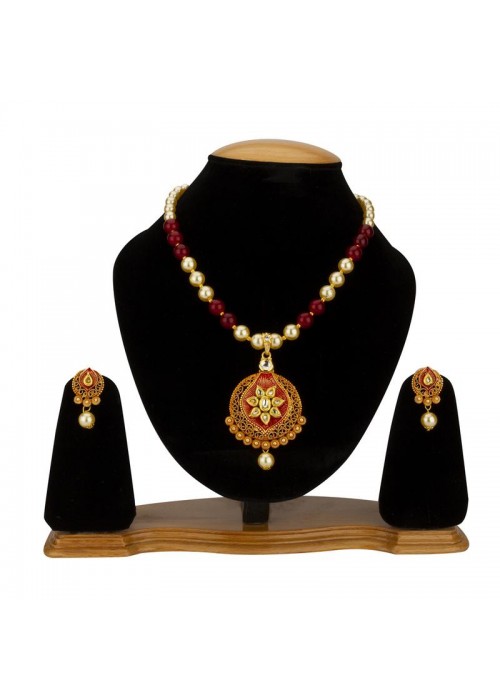 Jewels Galaxy Red GP Kundan studded Pearl Necklace Set 44012