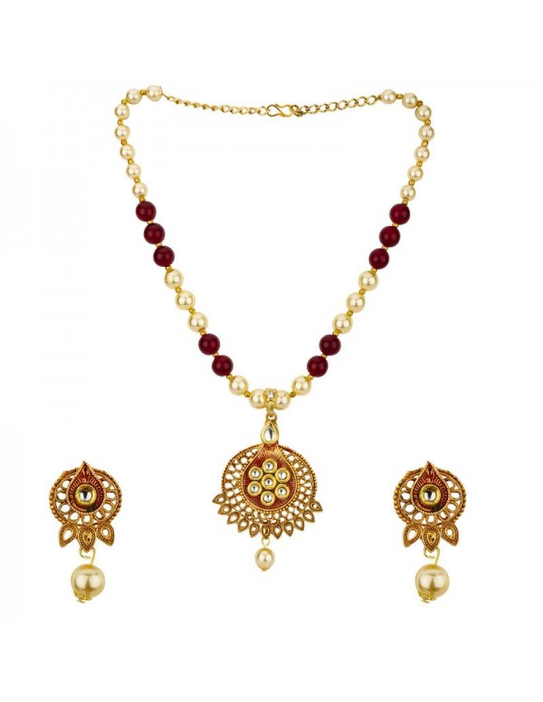 Jewels Galaxy Red GP Kundan studded Pearl Necklace Set 44013