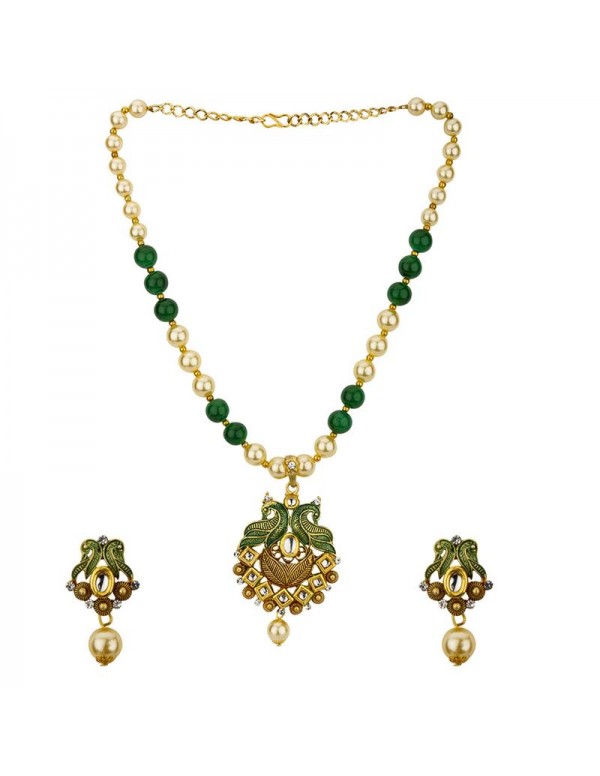 Jewels Galaxy Green GP Kundan studded Pearl Necklace Set 44016