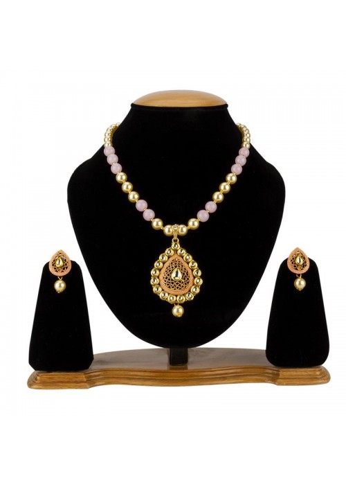 Jewels Galaxy Pink GP Kundan studded Pearl Necklace Set 44022