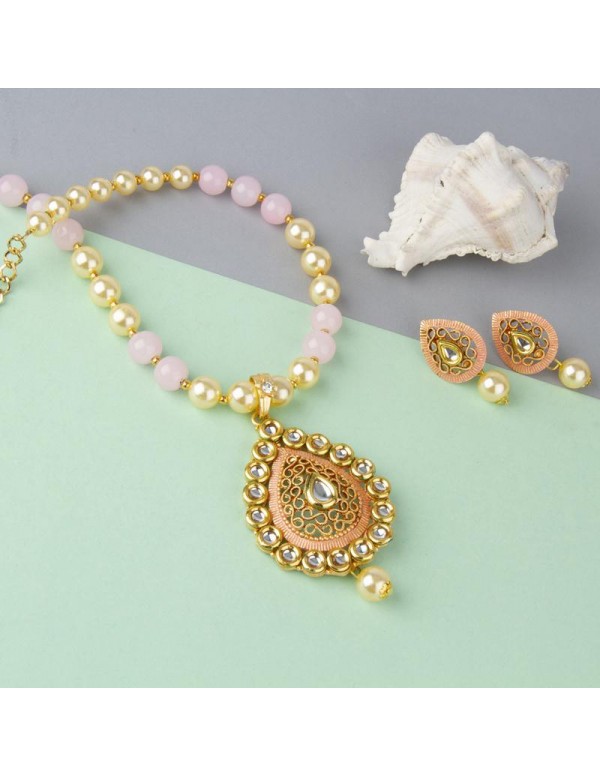 Jewels Galaxy Pink GP Kundan studded Pearl Necklace Set 44022