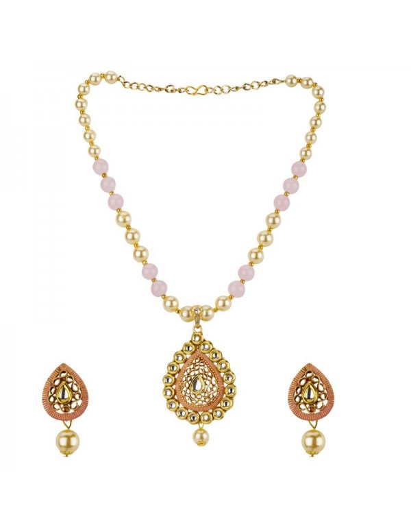 Jewels Galaxy Pink GP Kundan studded Pearl Necklace Set 44022