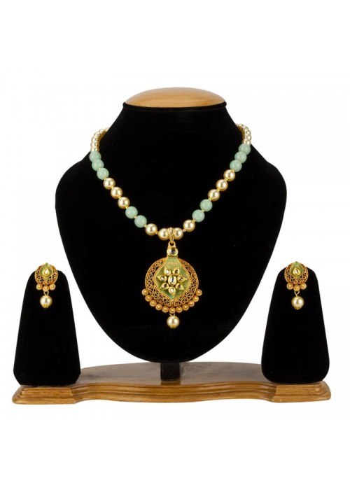 Jewels Galaxy Green GP Kundan studded Pearl Necklace Set 44023