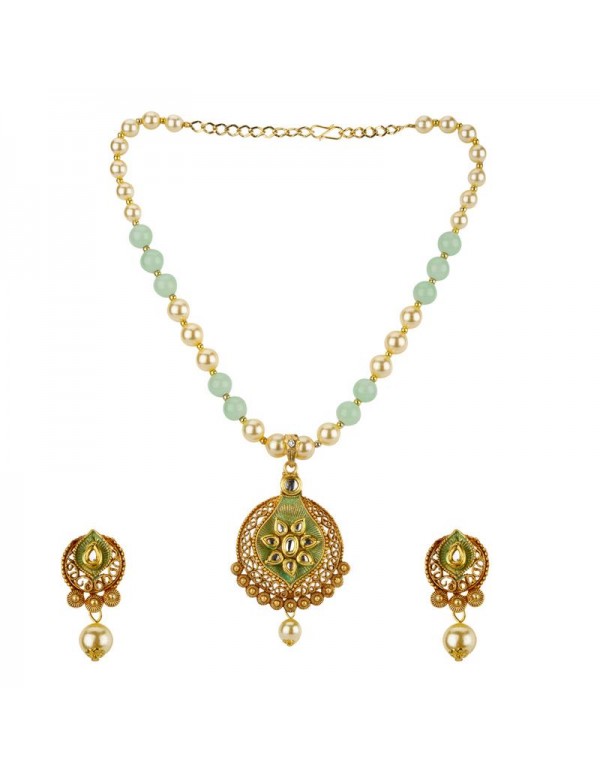Jewels Galaxy Green GP Kundan studded Pearl Necklace Set 44023