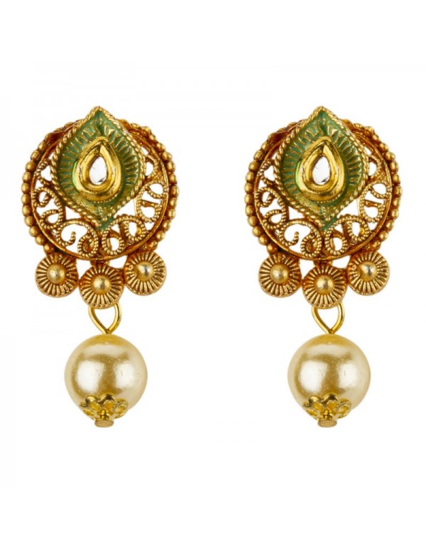 Jewels Galaxy Green GP Kundan studded Pearl Necklace Set 44023