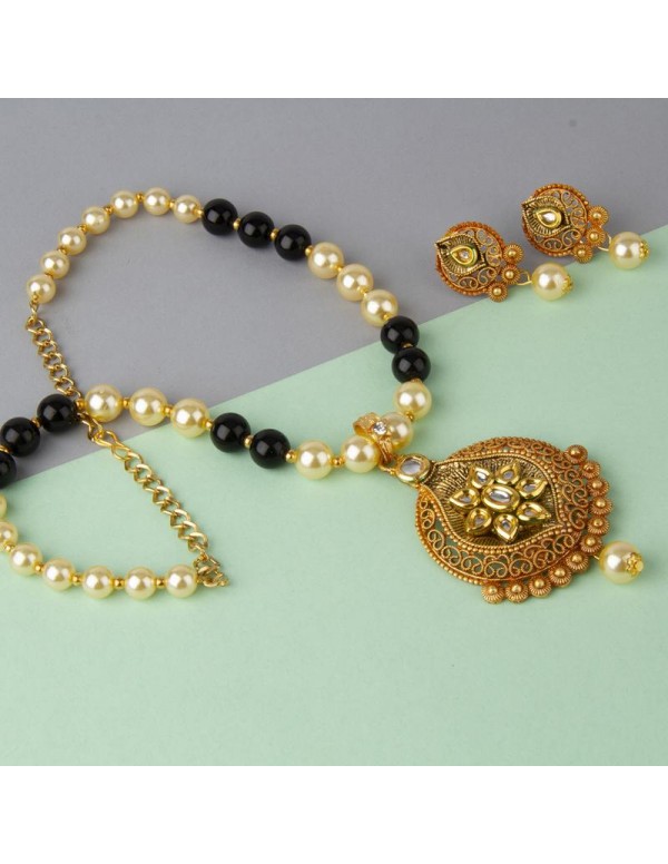 Jewels Galaxy Black GP Kundan studded Pearl Necklace Set 44024