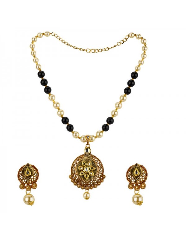Jewels Galaxy Black GP Kundan studded Pearl Necklace Set 44024