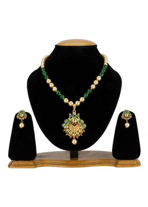 Jewels Galaxy Green GP Kundan studded Pearl Necklace Set 44025