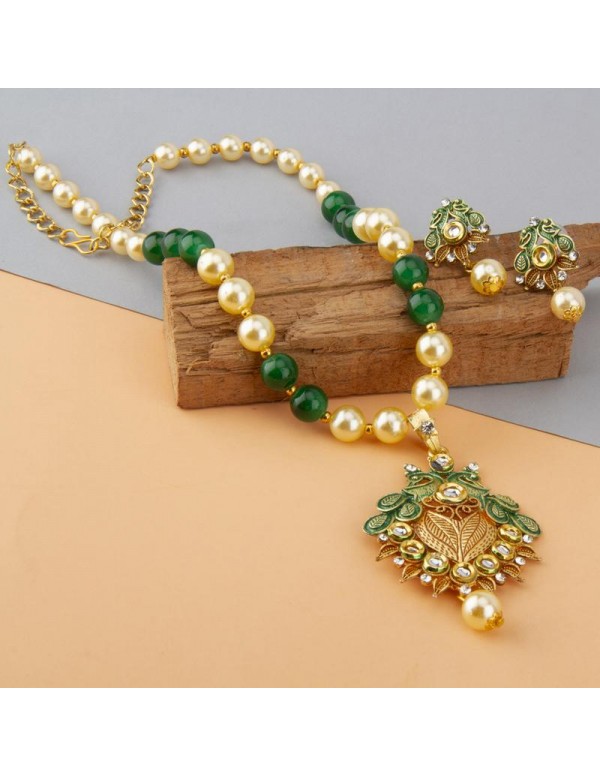 Jewels Galaxy Green GP Kundan studded Pearl Necklace Set 44025