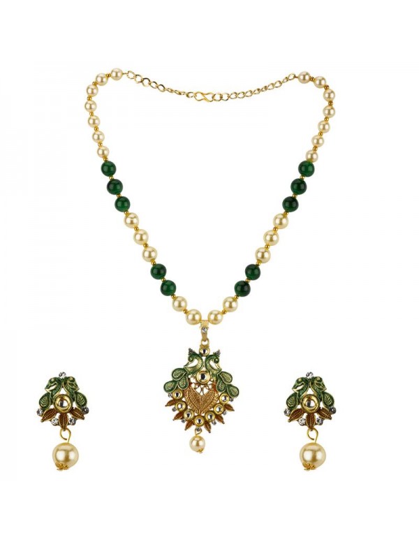 Jewels Galaxy Green GP Kundan studded Pearl Necklace Set 44025