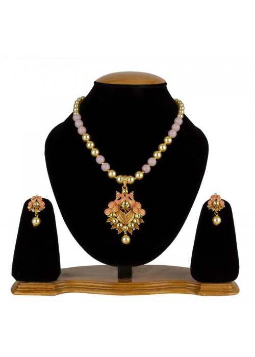 Jewels Galaxy Pink GP Kundan studded Pearl Necklace Set 44026