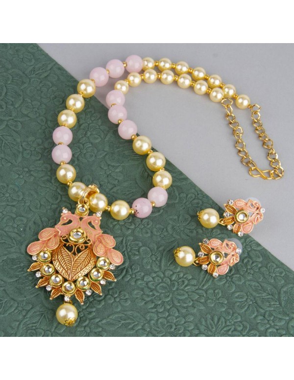 Jewels Galaxy Pink GP Kundan studded Pearl Necklace Set 44026