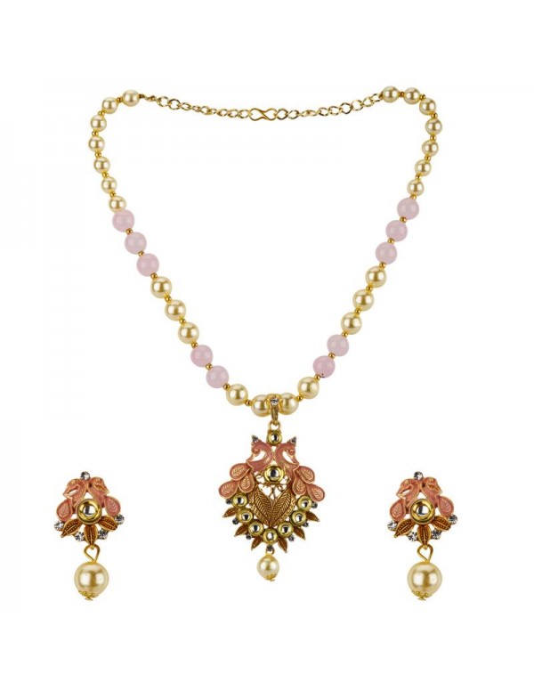 Jewels Galaxy Pink GP Kundan studded Pearl Necklace Set 44026