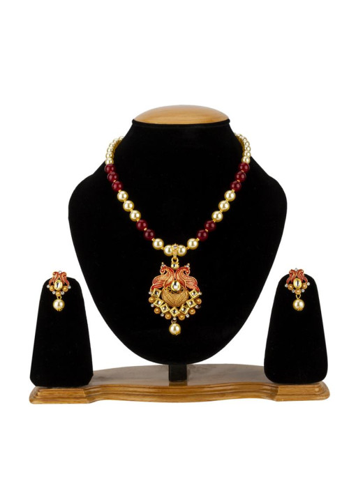 Jewels Galaxy Maroon GP Kundan studded Pearl Necklace Set 44033