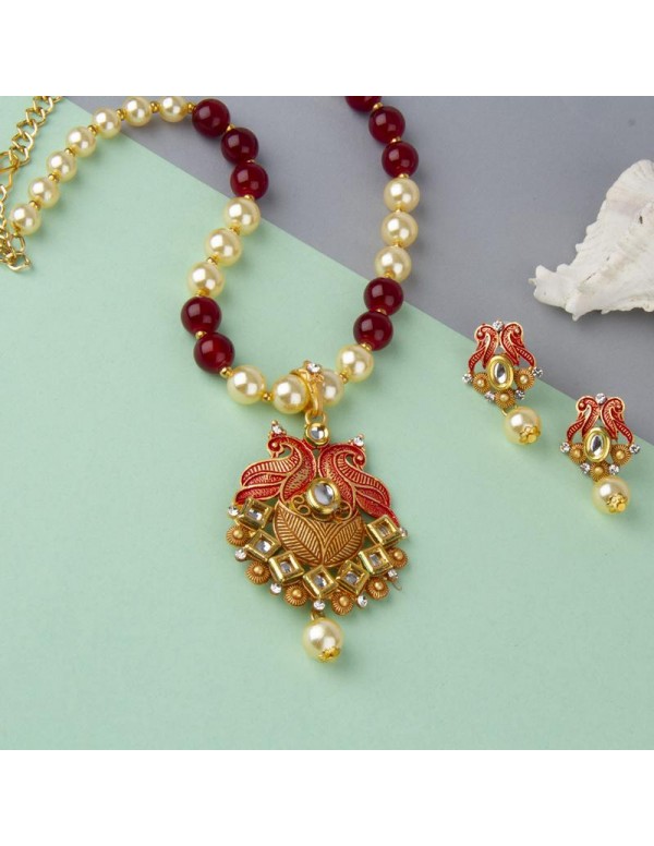 Jewels Galaxy Maroon GP Kundan studded Pearl Neckl...