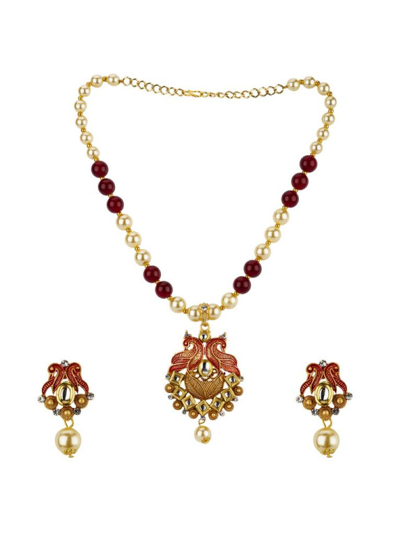 Jewels Galaxy Maroon GP Kundan studded Pearl Necklace Set 44033