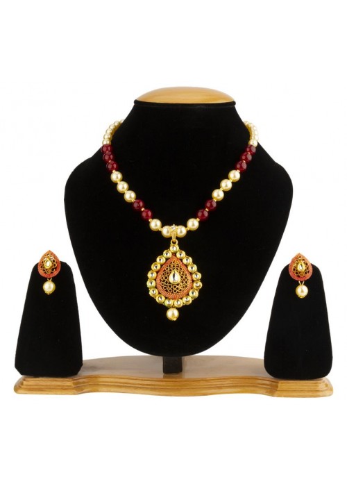 Jewels Galaxy Magenta GP Kundan studded Pearl Necklace Set 44034