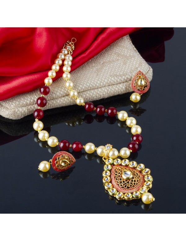Jewels Galaxy Magenta GP Kundan studded Pearl Necklace Set 44034