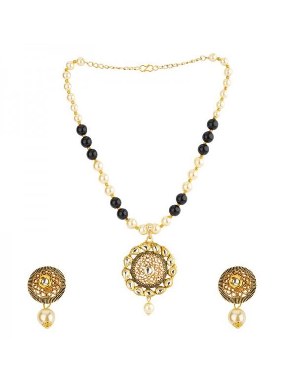 Jewels Galaxy Black GP Kundan studded Pearl Necklace Set 44036