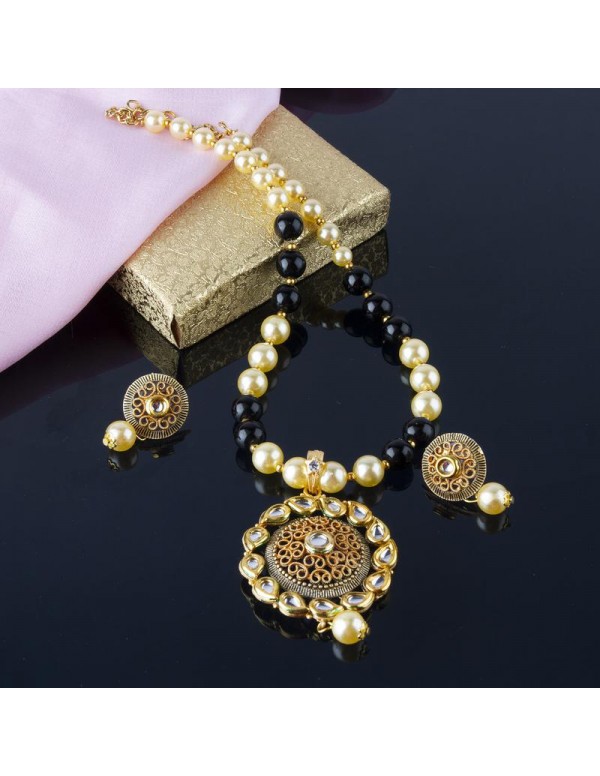 Jewels Galaxy Black GP Kundan studded Pearl Necklace Set 44036