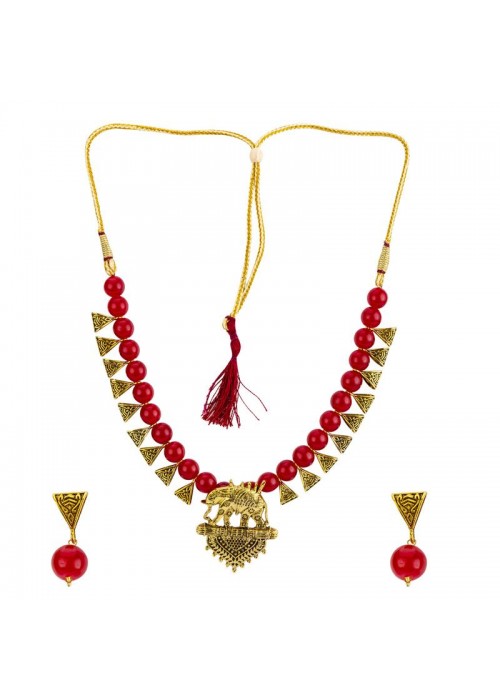 Jewels Galaxy Gold-Toned GP Red Pearl Necklace Set 44039