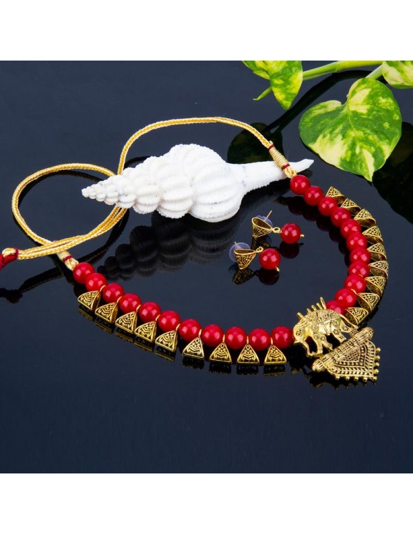 Jewels Galaxy Gold-Toned GP Red Pearl Necklace Set...