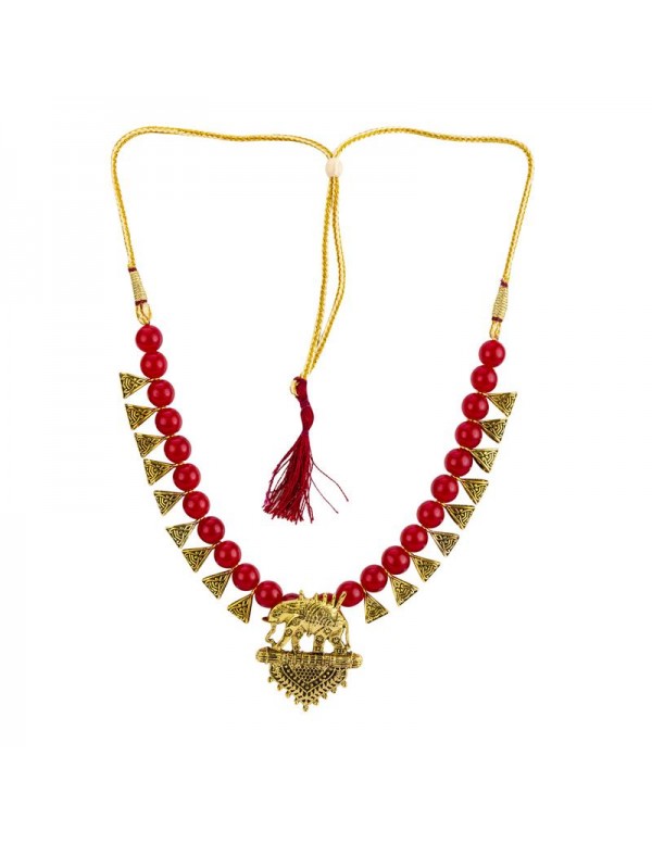Jewels Galaxy Gold-Toned GP Red Pearl Necklace Set 44039