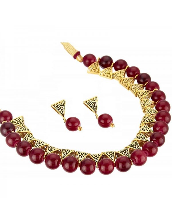 Jewels Galaxy Gold-Toned GP Red Pearl Necklace Set 44042