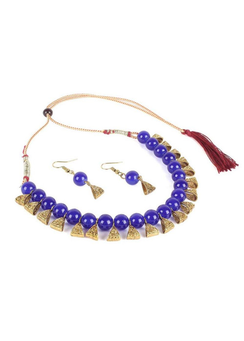 Jewels Galaxy Gold-Toned GP Blue Pearl Necklace Set 44043