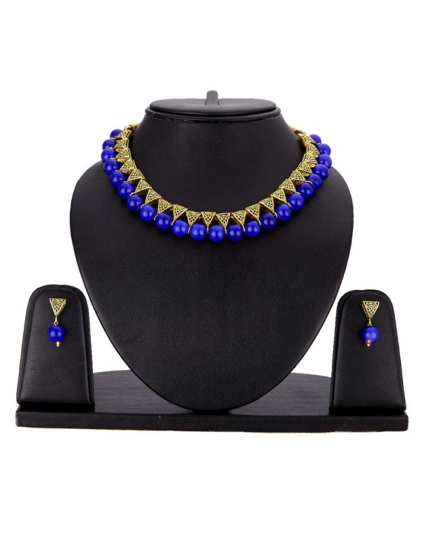 Jewels Galaxy Gold-Toned GP Blue Pearl Necklace Set 44043