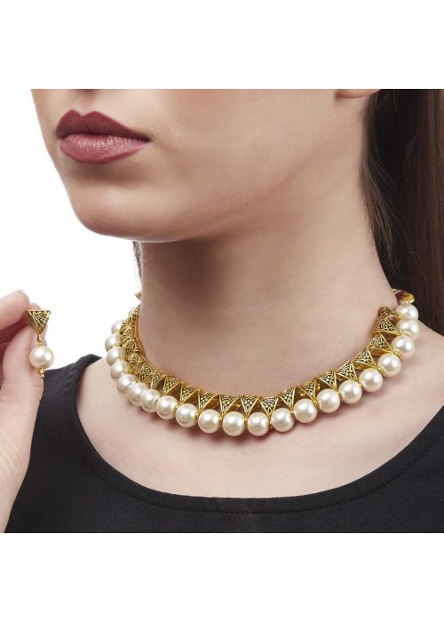 Jewels Galaxy Gold-Toned GP White Pearl Necklace Set 44044