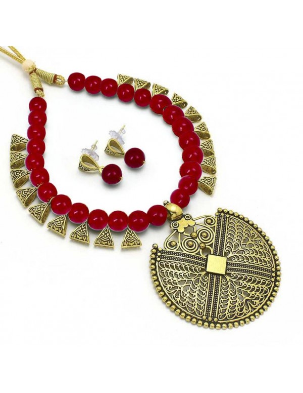 Jewels Galaxy Gold-Toned GP Red Pearl Necklace Set...