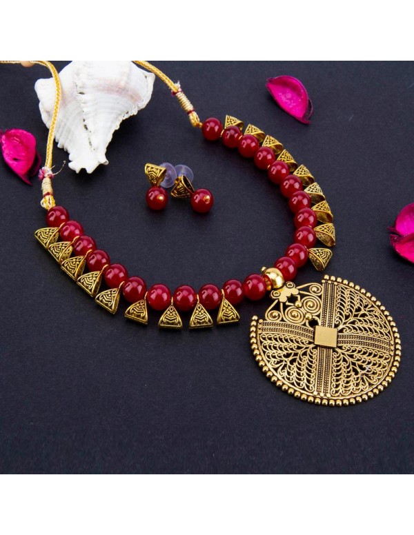 Jewels Galaxy Gold-Toned GP Red Pearl Necklace Set...