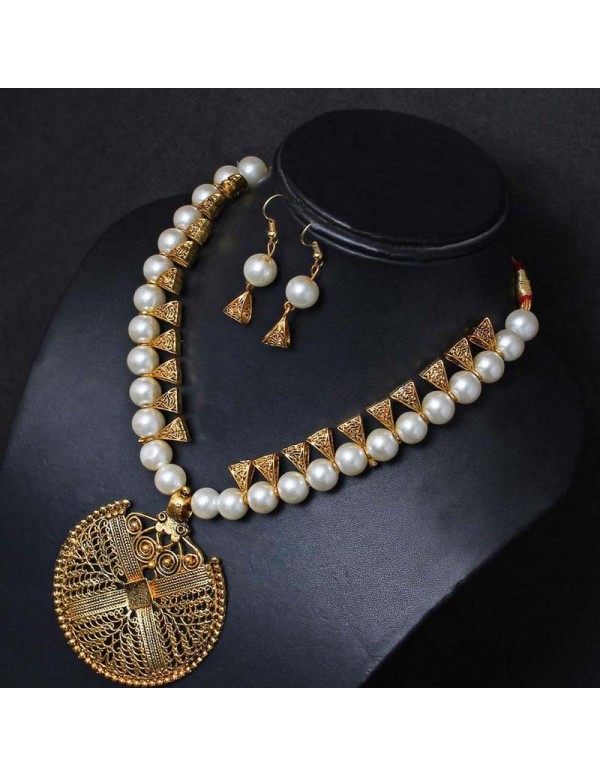 Jewels Galaxy Gold-Toned GP White Pearl Necklace Set 44046