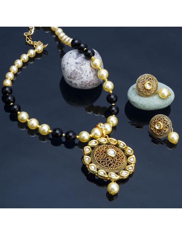 Jewels Galaxy Gold-Toned GP Black Pearl Necklace Set 44052