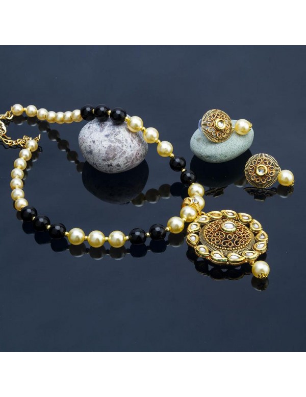 Jewels Galaxy Gold-Toned GP Black Pearl Necklace Set 44052